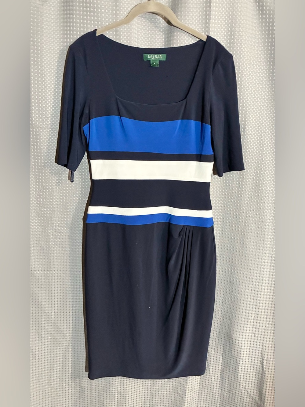 Lauren Ralph Lauren Colorblock Pencil Dress Sz 6 Square Neck Lined Pleats Office